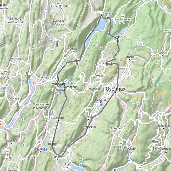 Miniatura della mappa di ispirazione al ciclismo "Short and sweet cycling tour around Montréal-la-Cluse" nella regione di Rhône-Alpes, France. Generata da Tarmacs.app, pianificatore di rotte ciclistiche