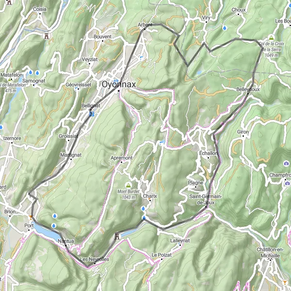 Zemljevid v pomanjšavi "Pot okoli Nantue" kolesarske inspiracije v Rhône-Alpes, France. Generirano z načrtovalcem kolesarskih poti Tarmacs.app