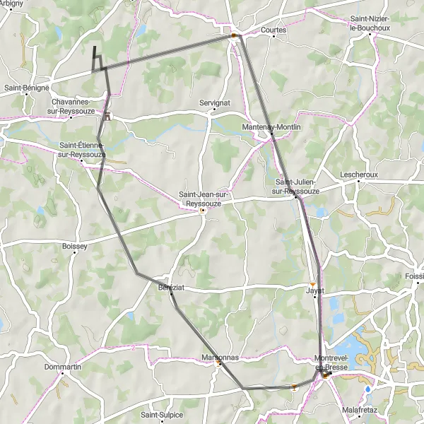 Zemljevid v pomanjšavi "Kolesarska pot skozi Saint-Trivier-de-Courtes" kolesarske inspiracije v Rhône-Alpes, France. Generirano z načrtovalcem kolesarskih poti Tarmacs.app
