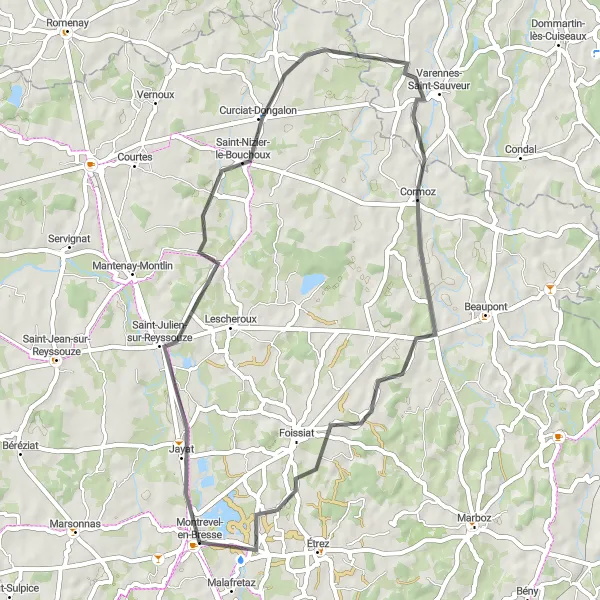 Miniaturní mapa "Přes lesy a pole" inspirace pro cyklisty v oblasti Rhône-Alpes, France. Vytvořeno pomocí plánovače tras Tarmacs.app