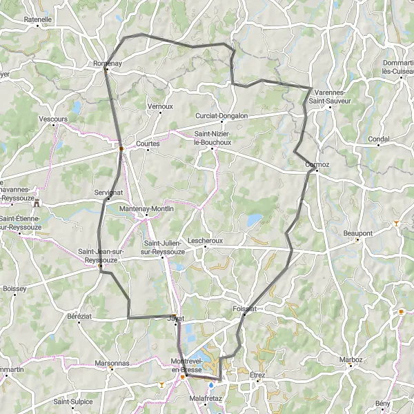 Karttaminiaatyyri "Montrevel-en-Bresse - Distinctive Road Cycling Route" pyöräilyinspiraatiosta alueella Rhône-Alpes, France. Luotu Tarmacs.app pyöräilyreittisuunnittelijalla