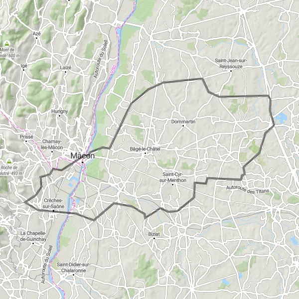 Mapa miniatúra "Okruh po východnom Bresse" cyklistická inšpirácia v Rhône-Alpes, France. Vygenerované cyklistickým plánovačom trás Tarmacs.app