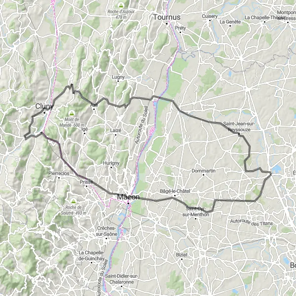 Miniatua del mapa de inspiración ciclista "Ruta de ciclismo de carretera con highlights cerca de Montrevel-en-Bresse" en Rhône-Alpes, France. Generado por Tarmacs.app planificador de rutas ciclistas