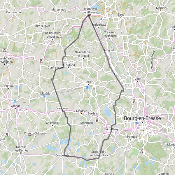 Miniatura della mappa di ispirazione al ciclismo "Giro in bicicletta da Montrevel-en-Bresse" nella regione di Rhône-Alpes, France. Generata da Tarmacs.app, pianificatore di rotte ciclistiche