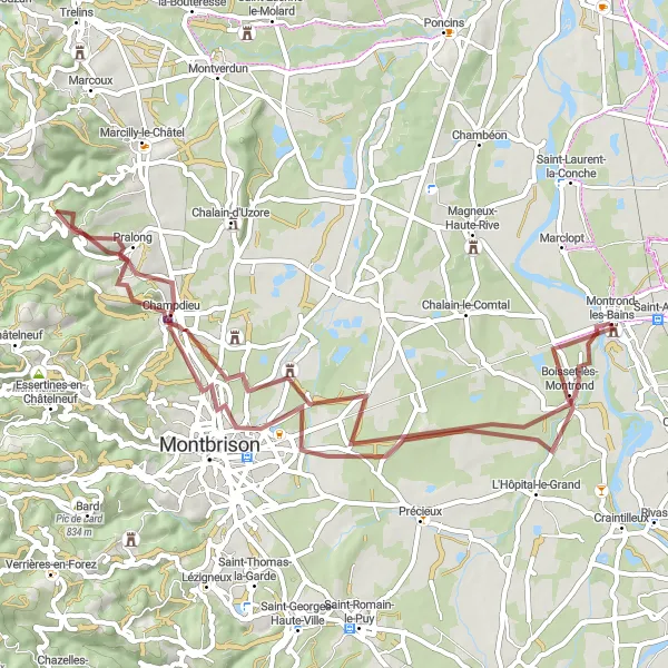Karten-Miniaturansicht der Radinspiration "Gravel-Rundweg von Montrond-les-Bains" in Rhône-Alpes, France. Erstellt vom Tarmacs.app-Routenplaner für Radtouren
