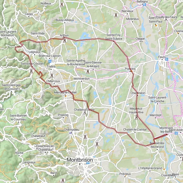 Zemljevid v pomanjšavi "Pisana kolesarska pot skozi podeželje blizu Montrond-les-Bains" kolesarske inspiracije v Rhône-Alpes, France. Generirano z načrtovalcem kolesarskih poti Tarmacs.app