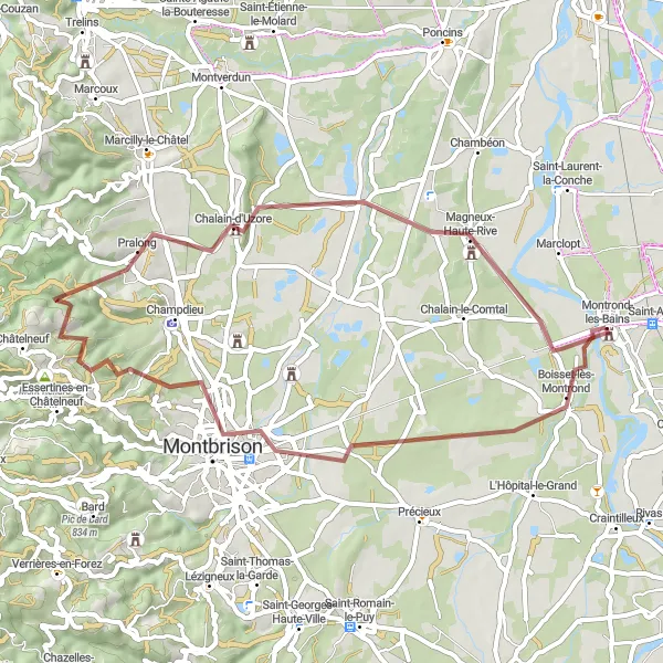 Miniature de la carte de l'inspiration cycliste "Parcours de cyclisme gravel autour de Montrond-les-Bains" dans la Rhône-Alpes, France. Générée par le planificateur d'itinéraire cycliste Tarmacs.app