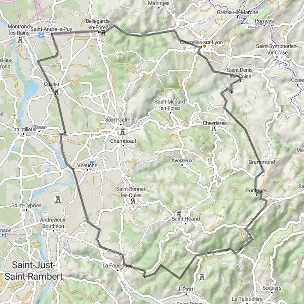 Zemljevid v pomanjšavi "Kolesarska pot Chazelles-sur-Lyon - Montrond-les-Bains" kolesarske inspiracije v Rhône-Alpes, France. Generirano z načrtovalcem kolesarskih poti Tarmacs.app