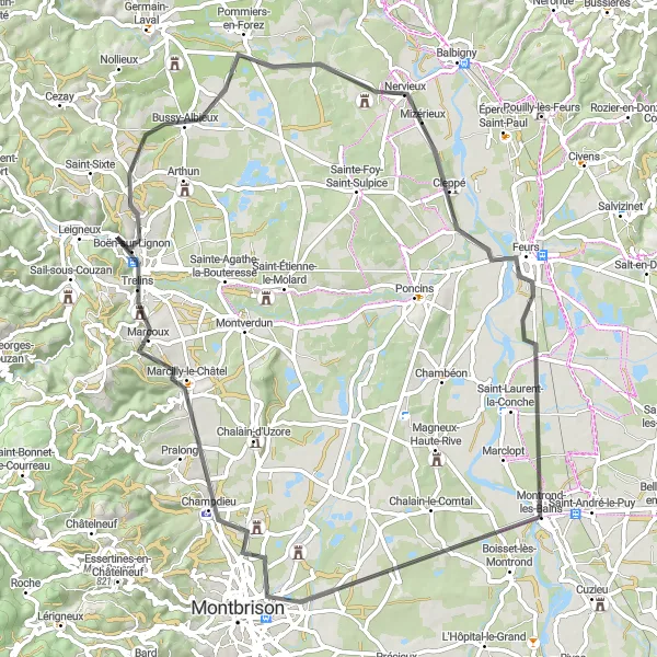 Kartminiatyr av "Utforsk Boën-sur-Lignon på denne vakre veien" sykkelinspirasjon i Rhône-Alpes, France. Generert av Tarmacs.app sykkelrutoplanlegger
