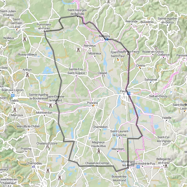 Map miniature of "Chalain-le-Comtal Loop" cycling inspiration in Rhône-Alpes, France. Generated by Tarmacs.app cycling route planner