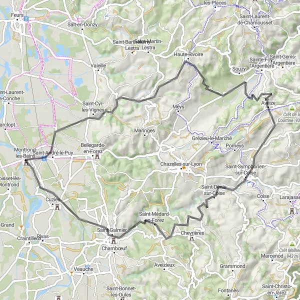 Miniatua del mapa de inspiración ciclista "Aventura en los alrededores de Montrond-les-Bains" en Rhône-Alpes, France. Generado por Tarmacs.app planificador de rutas ciclistas