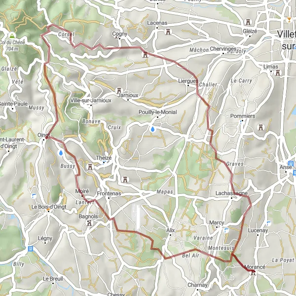 Miniatura della mappa di ispirazione al ciclismo "Percorso in bicicletta gravel da Morancé a Chautard" nella regione di Rhône-Alpes, France. Generata da Tarmacs.app, pianificatore di rotte ciclistiche
