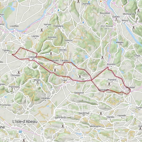 Kartminiatyr av "Morestel til Château de Morestel Gravel Route" sykkelinspirasjon i Rhône-Alpes, France. Generert av Tarmacs.app sykkelrutoplanlegger