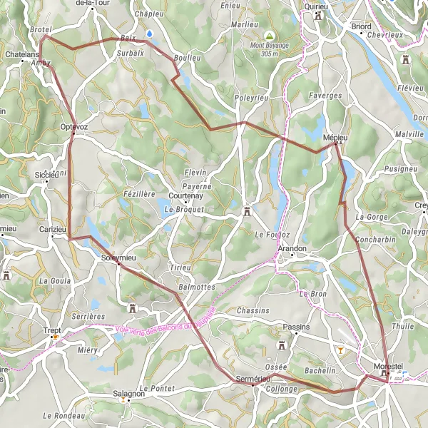 Miniatura della mappa di ispirazione al ciclismo "Giro in bicicletta Morestel - Sermérieu - Soleymieu - Optevoz - Mépieu - Château de Morestel" nella regione di Rhône-Alpes, France. Generata da Tarmacs.app, pianificatore di rotte ciclistiche