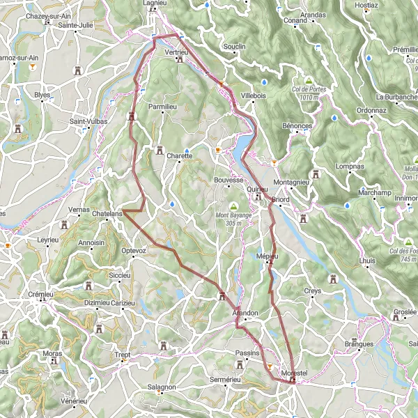 Miniature de la carte de l'inspiration cycliste "Boucle des Châteaux et Villages du Bugey" dans la Rhône-Alpes, France. Générée par le planificateur d'itinéraire cycliste Tarmacs.app