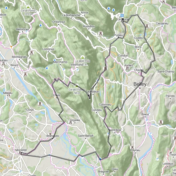 Map miniature of "Morestel - Fosses - Colomieu Loop" cycling inspiration in Rhône-Alpes, France. Generated by Tarmacs.app cycling route planner