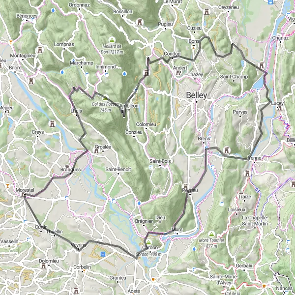 Map miniature of "Morestel - Fosses - Virignin Loop" cycling inspiration in Rhône-Alpes, France. Generated by Tarmacs.app cycling route planner