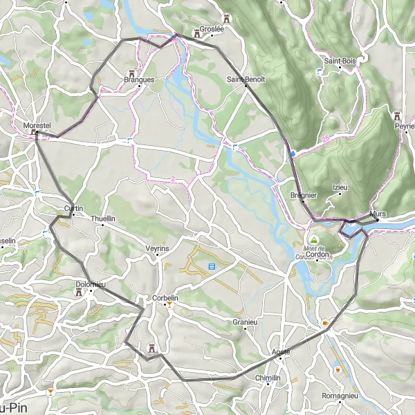 Map miniature of "Morestel Cascade Loop" cycling inspiration in Rhône-Alpes, France. Generated by Tarmacs.app cycling route planner