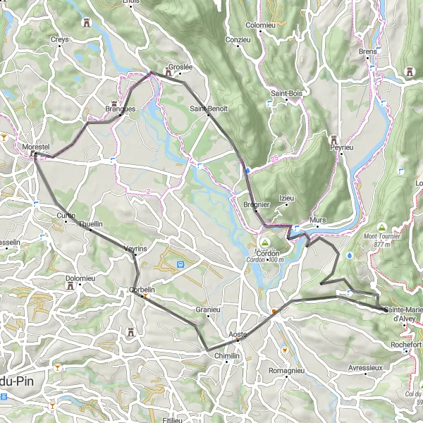 Miniatura della mappa di ispirazione al ciclismo "Giro in bicicletta Morestel - Groslée - Mont de Cordon - Champagneux - Granieu - Château de Morestel" nella regione di Rhône-Alpes, France. Generata da Tarmacs.app, pianificatore di rotte ciclistiche