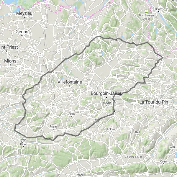 Zemljevid v pomanjšavi "Road Cycling Adventure from Morestel" kolesarske inspiracije v Rhône-Alpes, France. Generirano z načrtovalcem kolesarskih poti Tarmacs.app