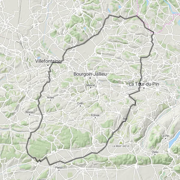 Miniature de la carte de l'inspiration cycliste "Circuit des Collines de l'Isère et du Nord-Isère" dans la Rhône-Alpes, France. Générée par le planificateur d'itinéraire cycliste Tarmacs.app