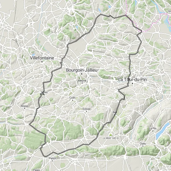 Karttaminiaatyyri "La Tour-du-Pinin pyöräilyreitti" pyöräilyinspiraatiosta alueella Rhône-Alpes, France. Luotu Tarmacs.app pyöräilyreittisuunnittelijalla