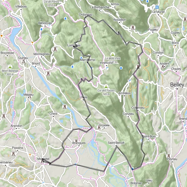 Karttaminiaatyyri "Lhuis - Colomieu - Glandieu Cycle Route" pyöräilyinspiraatiosta alueella Rhône-Alpes, France. Luotu Tarmacs.app pyöräilyreittisuunnittelijalla