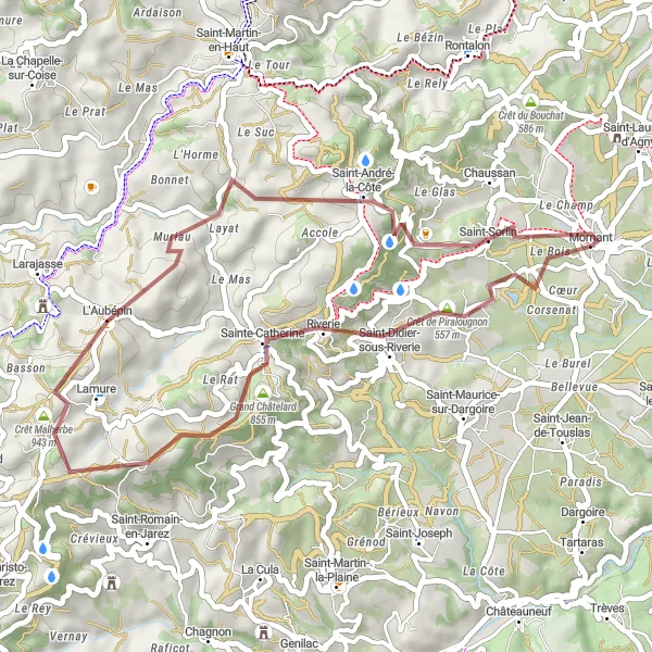 Map miniature of "Gravel Adventure to Crêt Malherbe" cycling inspiration in Rhône-Alpes, France. Generated by Tarmacs.app cycling route planner