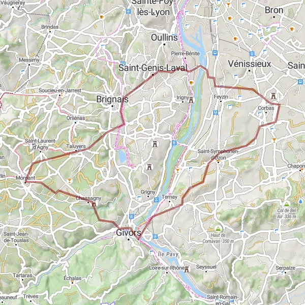 Mapa miniatúra "Gravel cyklistická trasa na juh od Mornantu" cyklistická inšpirácia v Rhône-Alpes, France. Vygenerované cyklistickým plánovačom trás Tarmacs.app