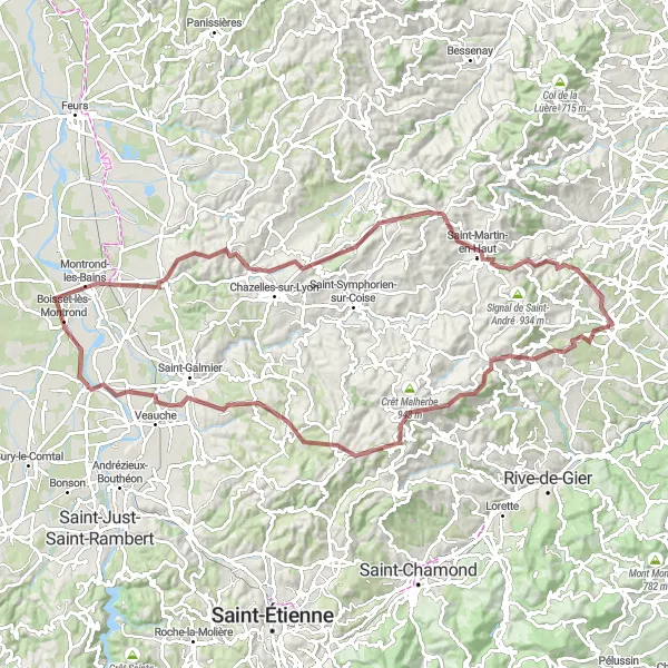 Miniatura mapy "Trasa gravelowa przez Table d'orientation, Riverie, Crêt Reynaud, La Gimond, Craintilleux, Bellegarde-en-Forez, Viricelles, Crêt de la Courtine, Crêt du Bouchat do Mornant" - trasy rowerowej w Rhône-Alpes, France. Wygenerowane przez planer tras rowerowych Tarmacs.app