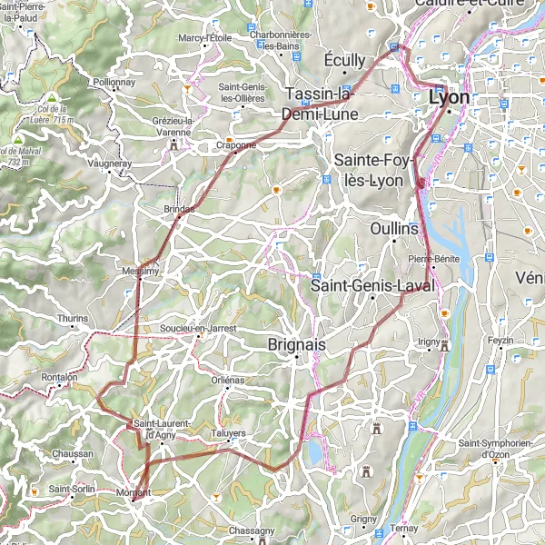 Miniatura della mappa di ispirazione al ciclismo "Escursione in bicicletta tra Mornant" nella regione di Rhône-Alpes, France. Generata da Tarmacs.app, pianificatore di rotte ciclistiche