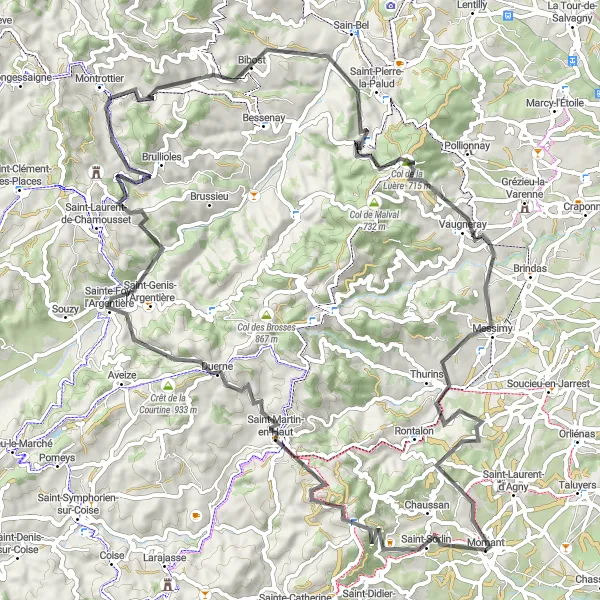 Karttaminiaatyyri "Reitti Chaussanista Mornantiin via Signal de Saint-André" pyöräilyinspiraatiosta alueella Rhône-Alpes, France. Luotu Tarmacs.app pyöräilyreittisuunnittelijalla