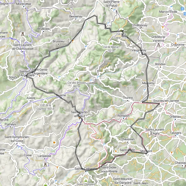Zemljevid v pomanjšavi "Road to Brussieu and Messimy" kolesarske inspiracije v Rhône-Alpes, France. Generirano z načrtovalcem kolesarskih poti Tarmacs.app