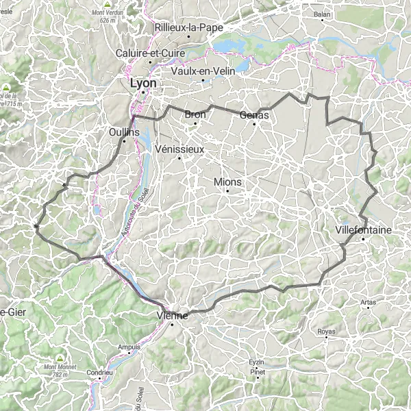 Miniatua del mapa de inspiración ciclista "Ruta de ciclismo de carretera desde Mornant a través de Vienne" en Rhône-Alpes, France. Generado por Tarmacs.app planificador de rutas ciclistas