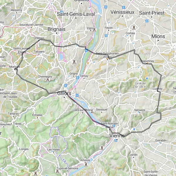 Miniatua del mapa de inspiración ciclista "Ruta de ciclismo de carretera Saint-Laurent-d'Agny-Mornant" en Rhône-Alpes, France. Generado por Tarmacs.app planificador de rutas ciclistas