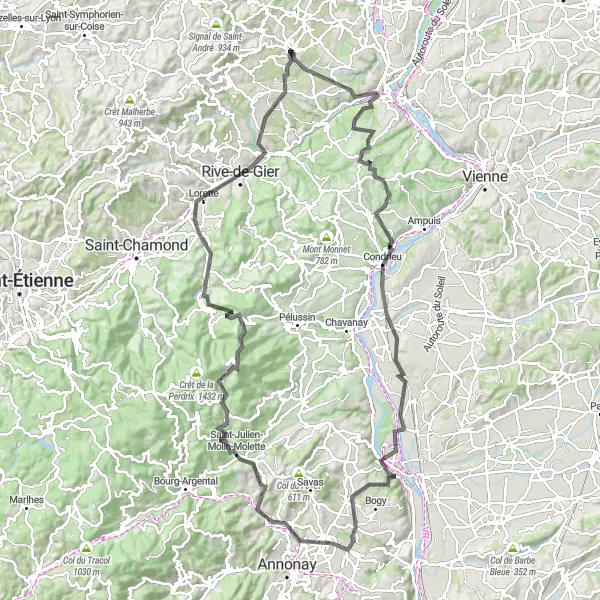 Miniaturní mapa "Cyklotrasa kolem Mornantu a okolí" inspirace pro cyklisty v oblasti Rhône-Alpes, France. Vytvořeno pomocí plánovače tras Tarmacs.app