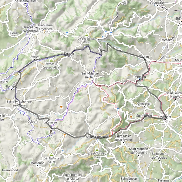 Map miniature of "Chaussan and Crêt du Bouchat Loop" cycling inspiration in Rhône-Alpes, France. Generated by Tarmacs.app cycling route planner