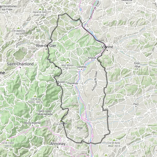 Miniatuurkaart van de fietsinspiratie "138 km lange wegfietsroute rond Mornant" in Rhône-Alpes, France. Gemaakt door de Tarmacs.app fietsrouteplanner