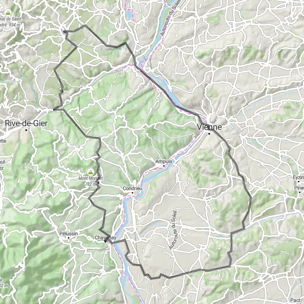 Zemljevid v pomanjšavi "Road Cycling Exploration through Rhône Valley" kolesarske inspiracije v Rhône-Alpes, France. Generirano z načrtovalcem kolesarskih poti Tarmacs.app