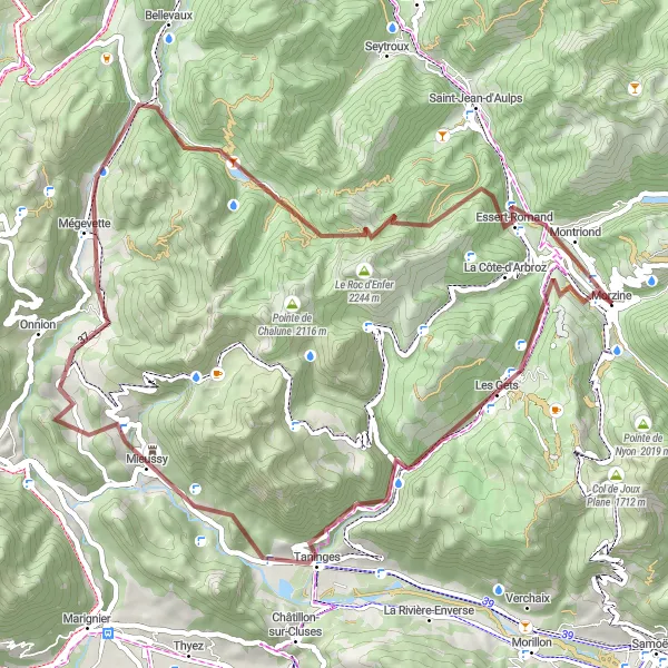 Map miniature of "Gravel Adventure through Col des Gets" cycling inspiration in Rhône-Alpes, France. Generated by Tarmacs.app cycling route planner