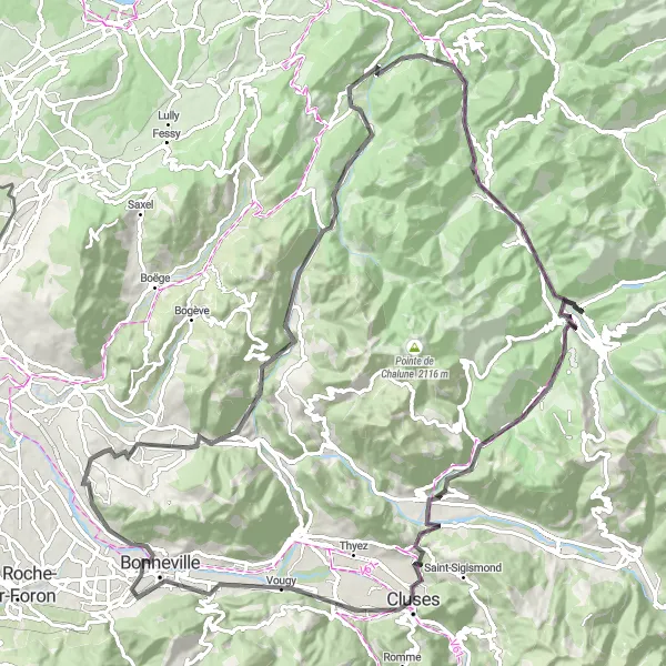 Mapa miniatúra "Okruh cez Col des Gets" cyklistická inšpirácia v Rhône-Alpes, France. Vygenerované cyklistickým plánovačom trás Tarmacs.app