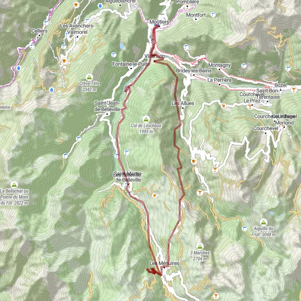 Miniatura della mappa di ispirazione al ciclismo "Tour Gravel da Moûtiers a Villarlurin" nella regione di Rhône-Alpes, France. Generata da Tarmacs.app, pianificatore di rotte ciclistiche
