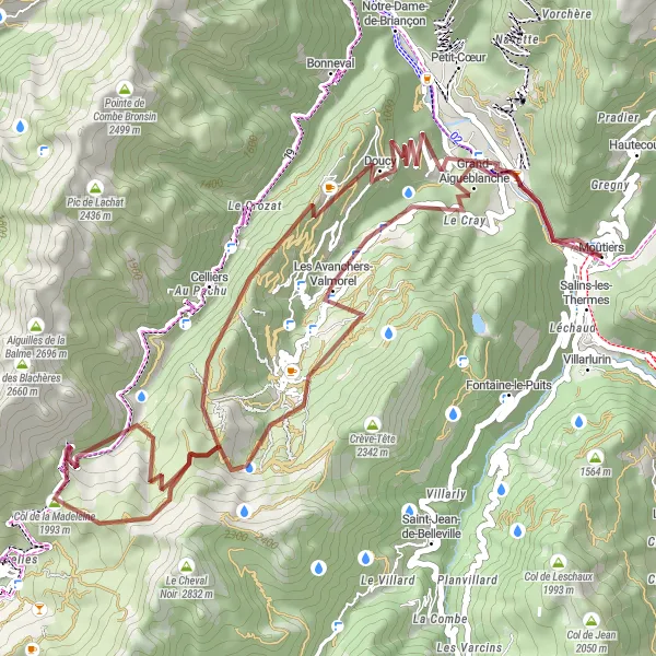 Map miniature of "Gravel Cycling from Moûtiers to Les Avanchers-Valmorel" cycling inspiration in Rhône-Alpes, France. Generated by Tarmacs.app cycling route planner