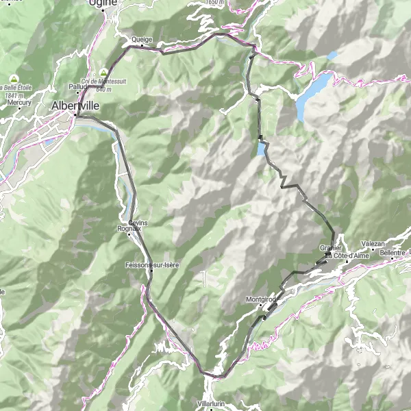 Miniature de la carte de l'inspiration cycliste "Les Alpes françaises Road Cycling" dans la Rhône-Alpes, France. Générée par le planificateur d'itinéraire cycliste Tarmacs.app