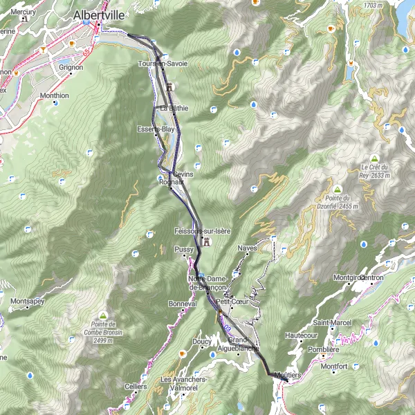Miniatuurkaart van de fietsinspiratie "Route van Moûtiers naar Saint-Paul-sur-Isère" in Rhône-Alpes, France. Gemaakt door de Tarmacs.app fietsrouteplanner