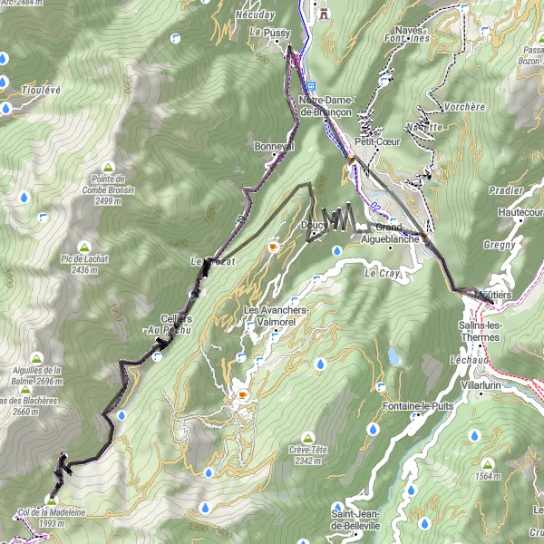 Miniature de la carte de l'inspiration cycliste "Tour en Vélo de Route Moutiers - Col de la Madeleine" dans la Rhône-Alpes, France. Générée par le planificateur d'itinéraire cycliste Tarmacs.app