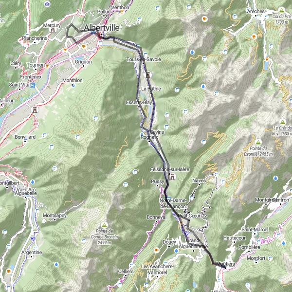 Miniatua del mapa de inspiración ciclista "Ruta Escénica en Carretera desde Moûtiers" en Rhône-Alpes, France. Generado por Tarmacs.app planificador de rutas ciclistas