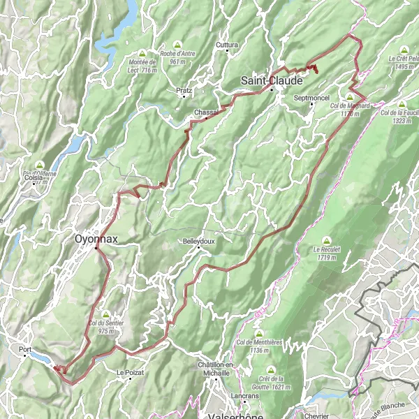 Zemljevid v pomanjšavi "Gravljiva dogodivščina od La source de la Doye" kolesarske inspiracije v Rhône-Alpes, France. Generirano z načrtovalcem kolesarskih poti Tarmacs.app