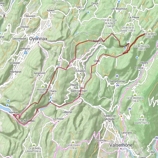 Miniatuurkaart van de fietsinspiratie "Uitdagende gravelroute naar Belleydoux en Saint-Germain-de-Joux" in Rhône-Alpes, France. Gemaakt door de Tarmacs.app fietsrouteplanner