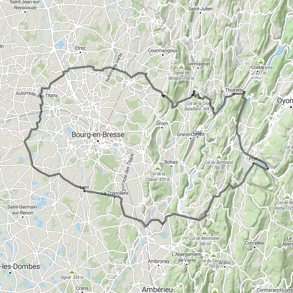 Miniature de la carte de l'inspiration cycliste "Le Tour des Montagnes de l'Ain" dans la Rhône-Alpes, France. Générée par le planificateur d'itinéraire cycliste Tarmacs.app
